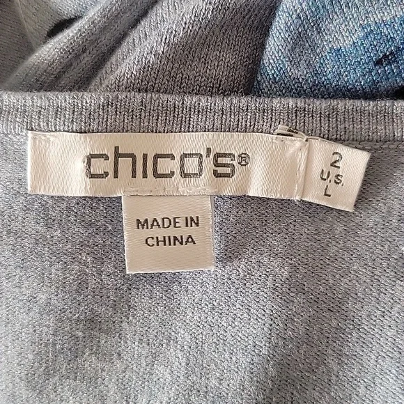 Chico's Blue Floral Vneck Sweater Satin Peasant Sleeves Size Large - Picture 5 of 6